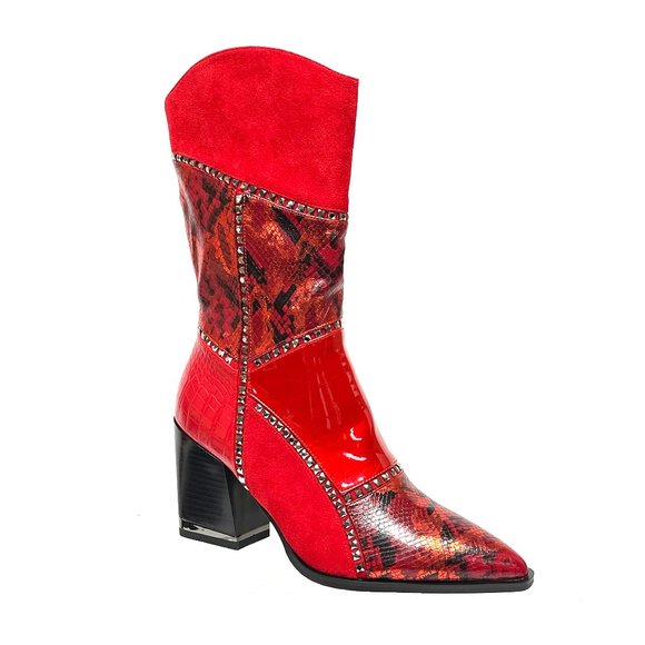 Ninety Union Shoes - Trendy Red Fashion Fabric Leather Midcalf High Heel Boot
